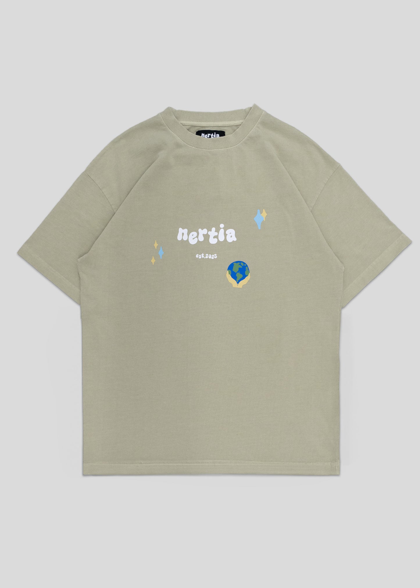 Beige t-shirt with brand logo on a light gray background