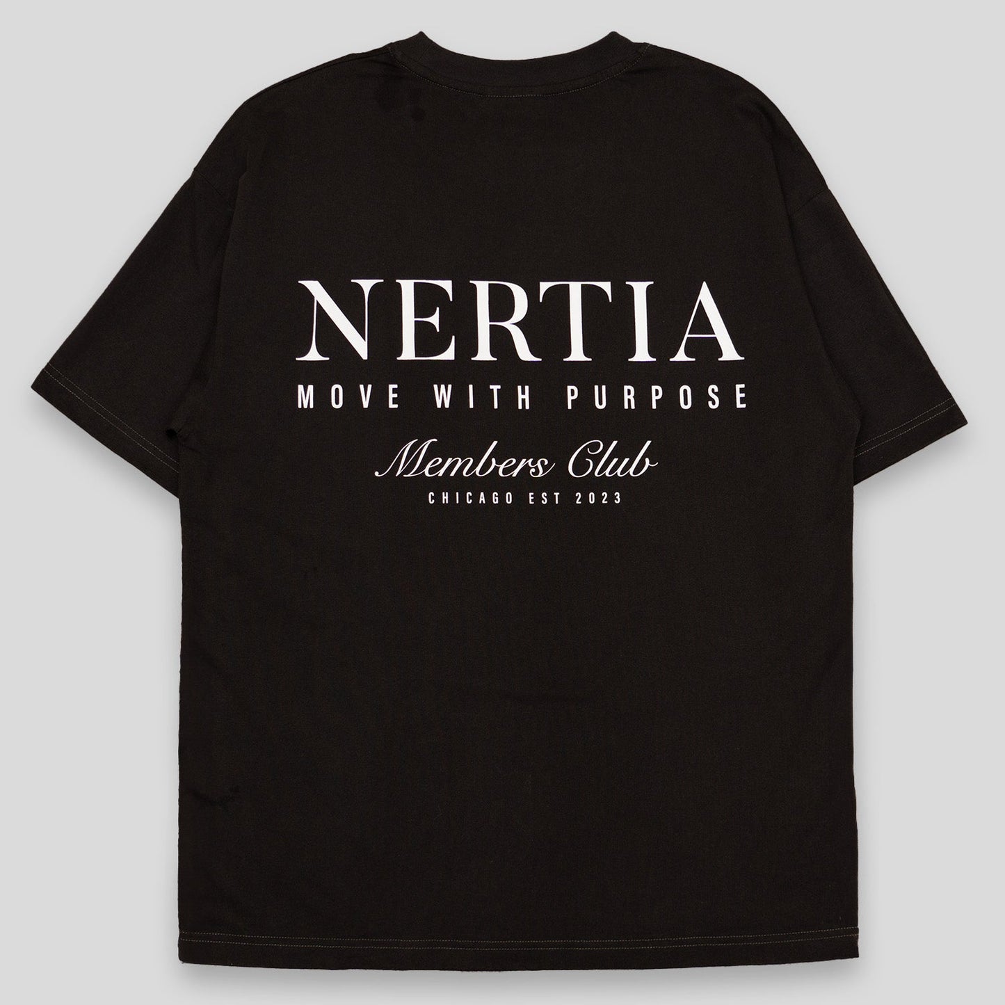 Black t-shirt with white text on a light gray background