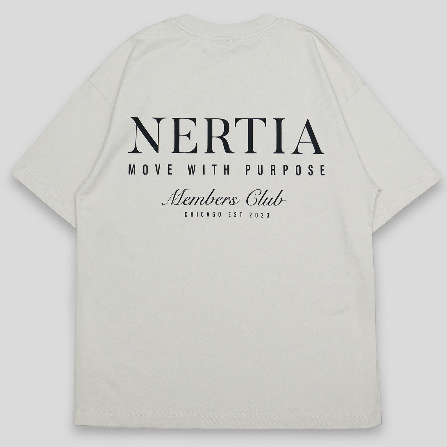 Beige t-shirt with 'NERTIA' branding on a light gray background
