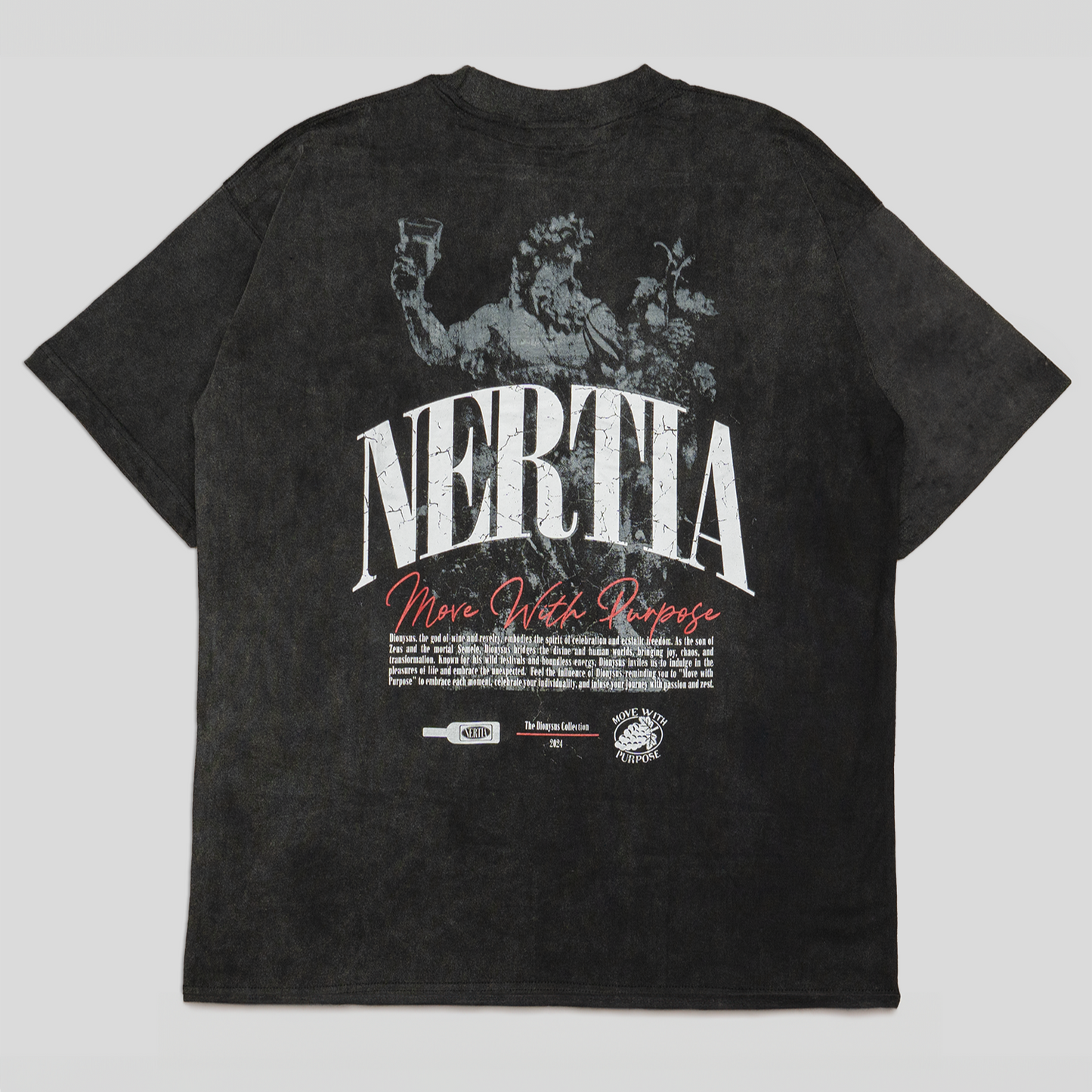 Black t-shirt with white and red text and graphics on a gray background