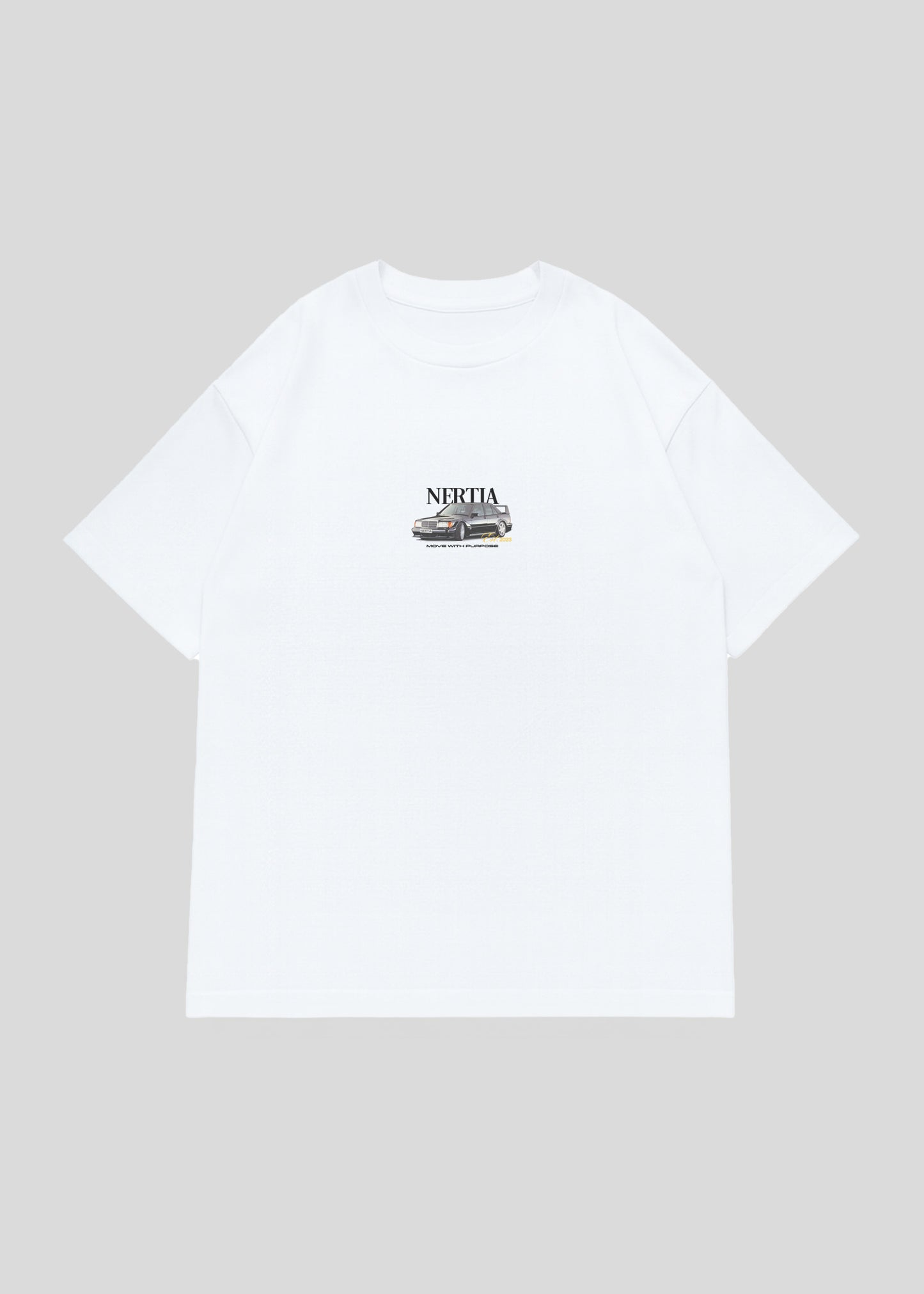 White t-shirt with a small logo on a light gray background