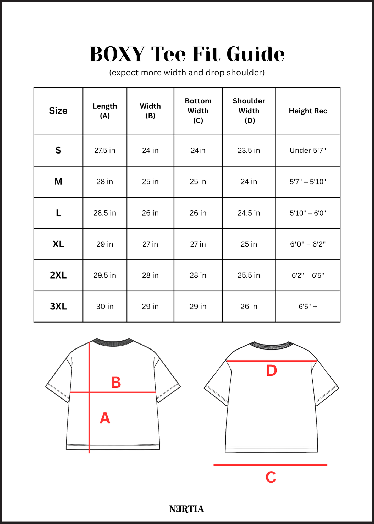 BOXY Tee Fit Guide with size chart and measurements