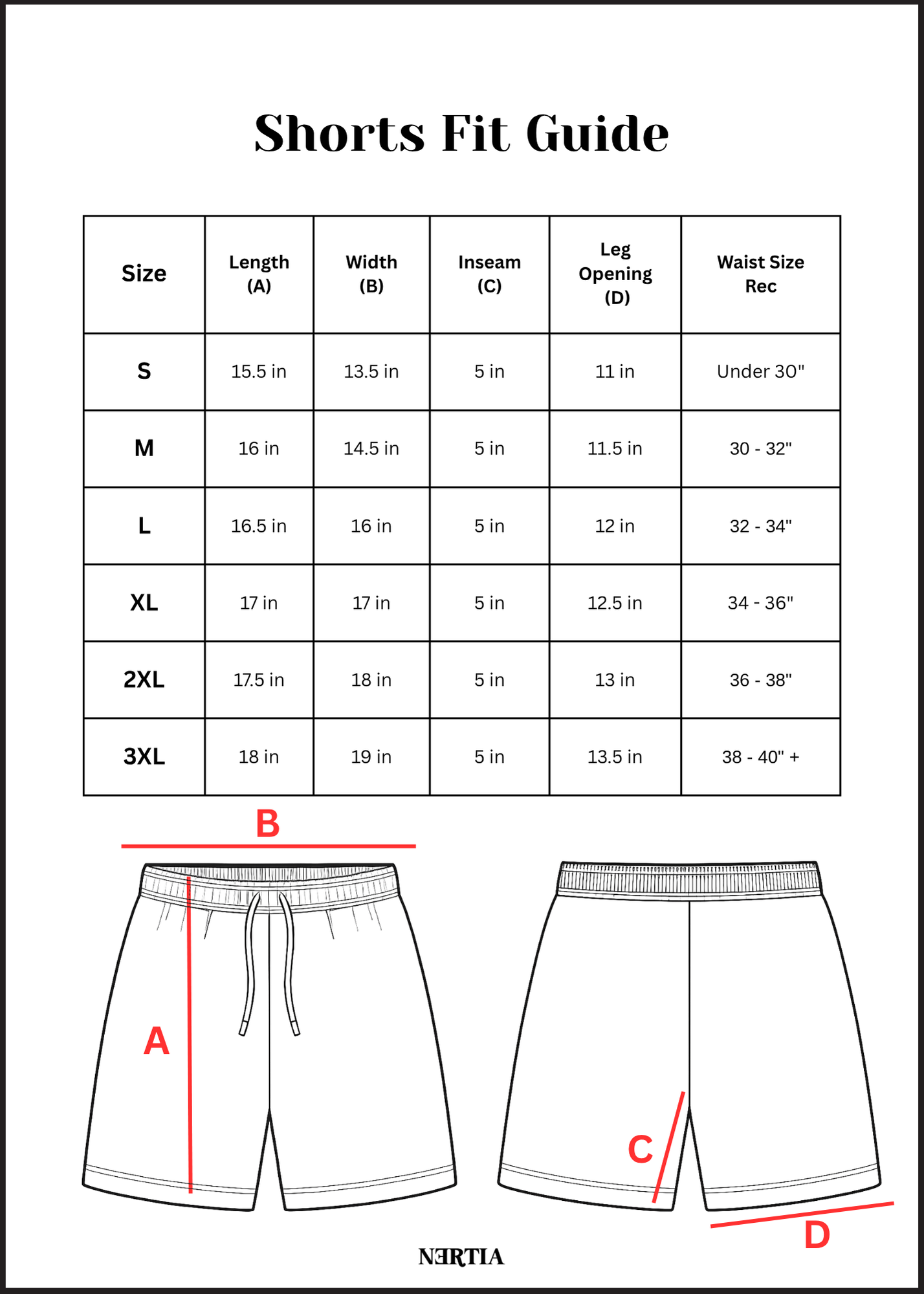 Shorts fit guide with measurements and a diagram of shorts.