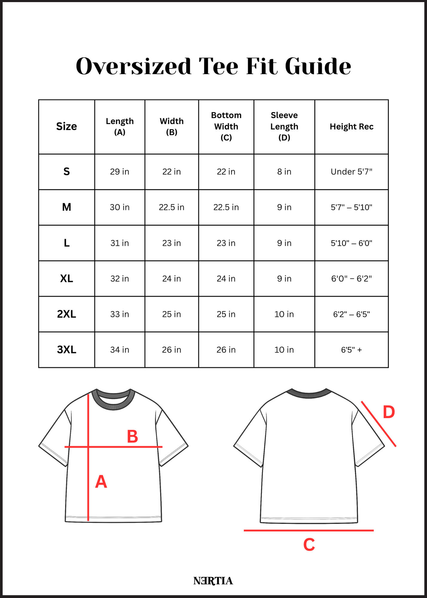 Oversized tee fit guide with measurements for different sizes, featuring a white t-shirt diagram.