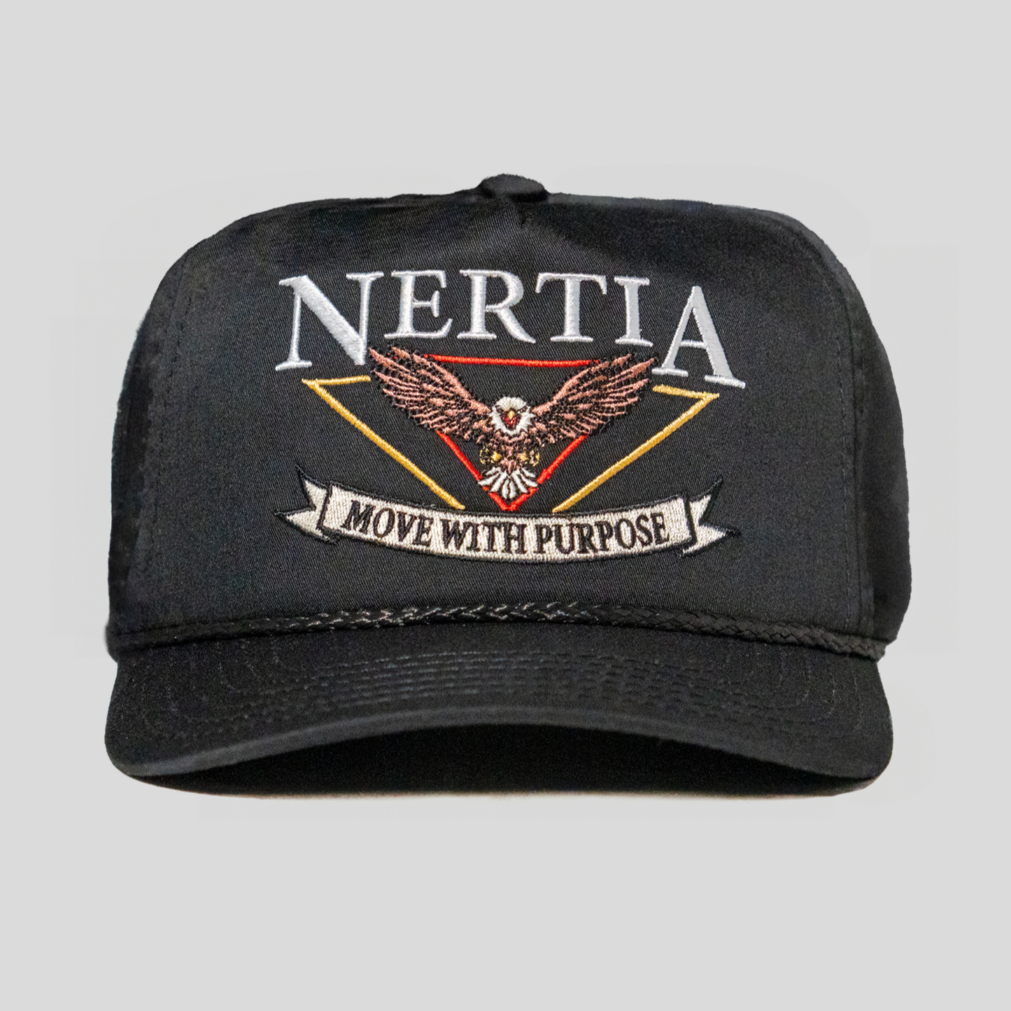 Black cap with Nertia logo and text on a gray background