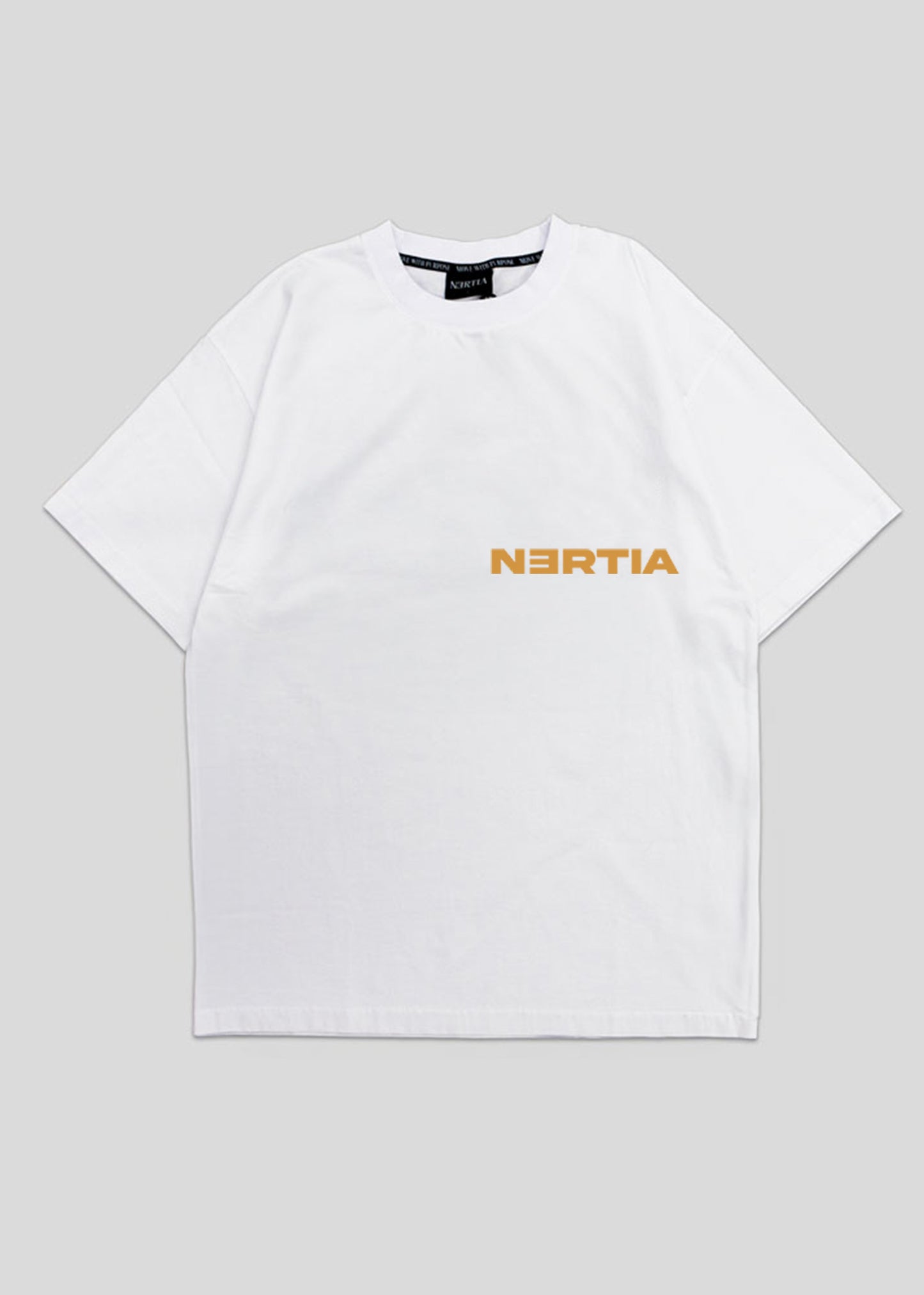 White t-shirt with 'Nertia' logo on a gray background