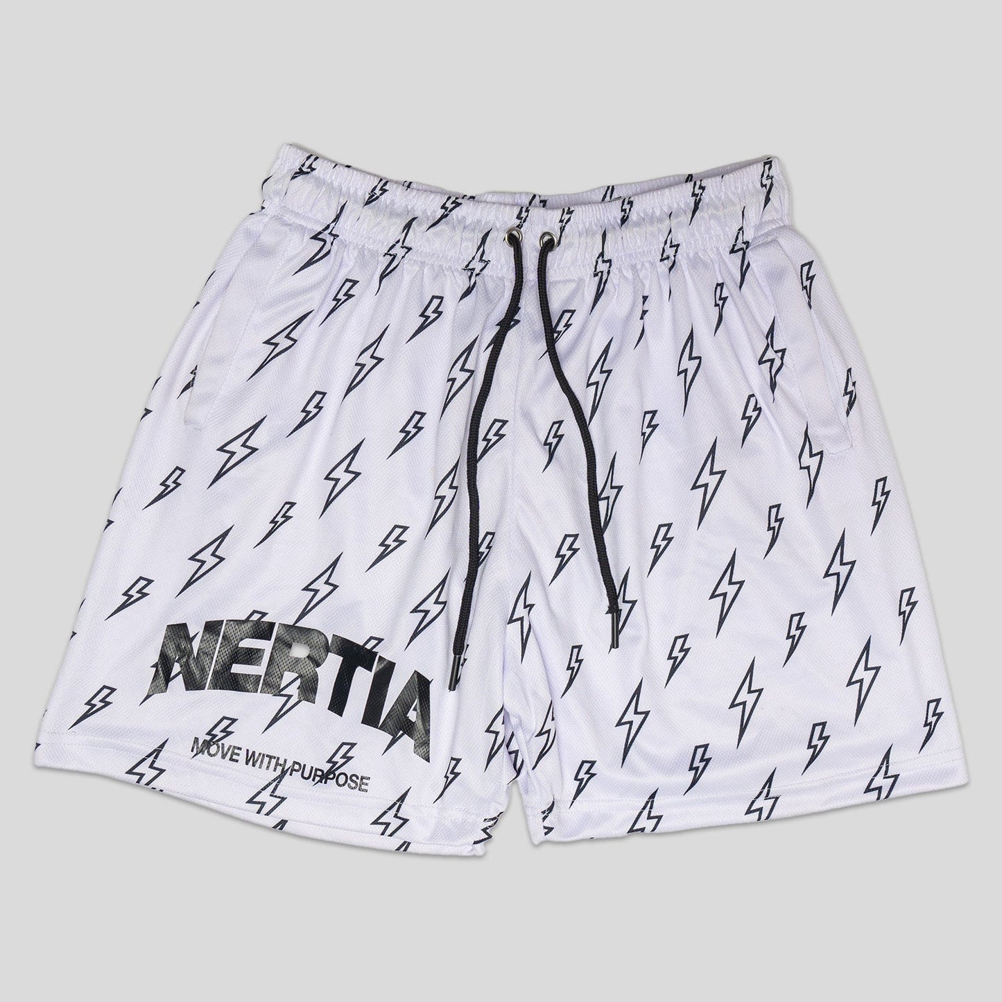 White shorts with black lightning bolt pattern and brand logo on a light gray background