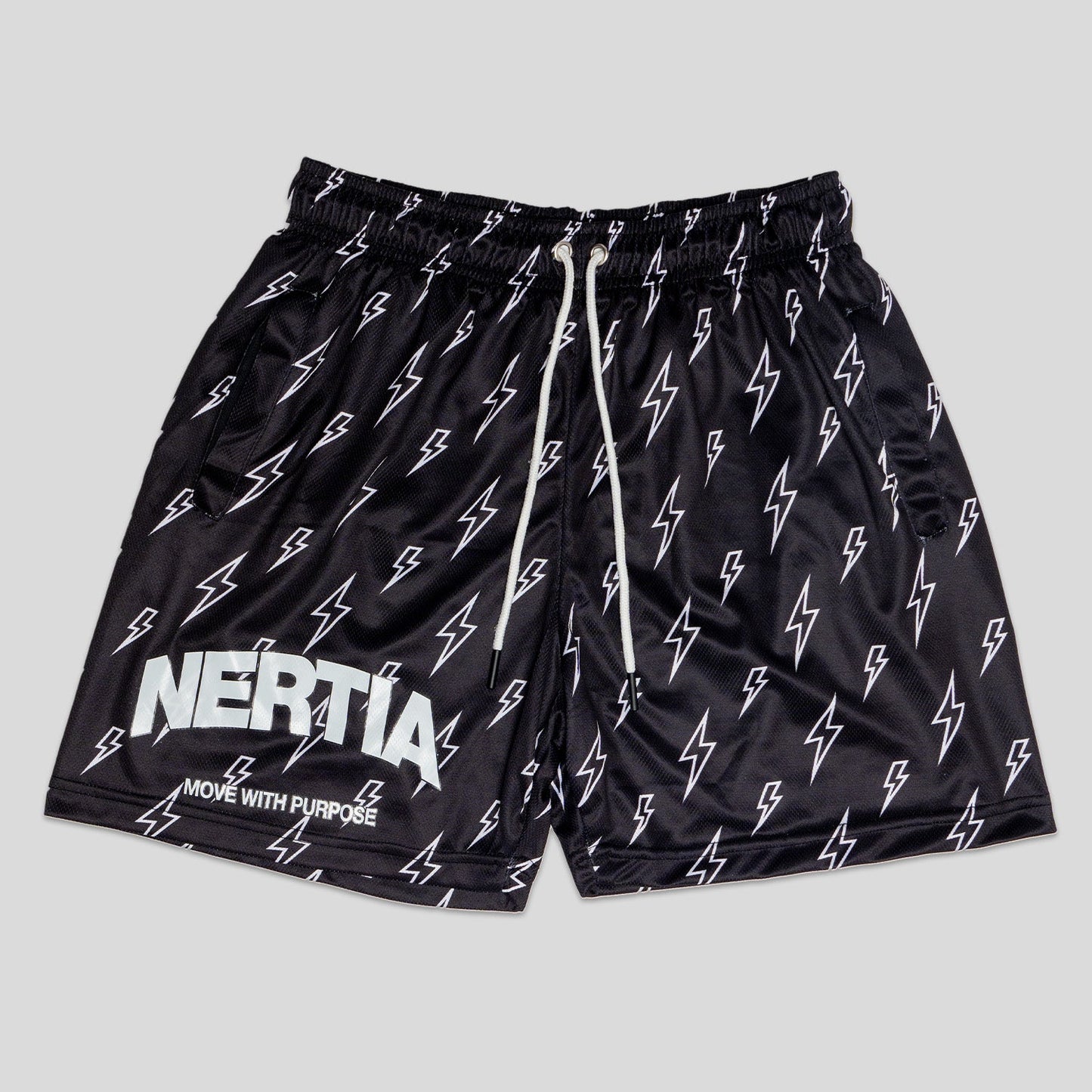 Black shorts with white lightning bolt pattern and 'Nertia' branding on a gray background