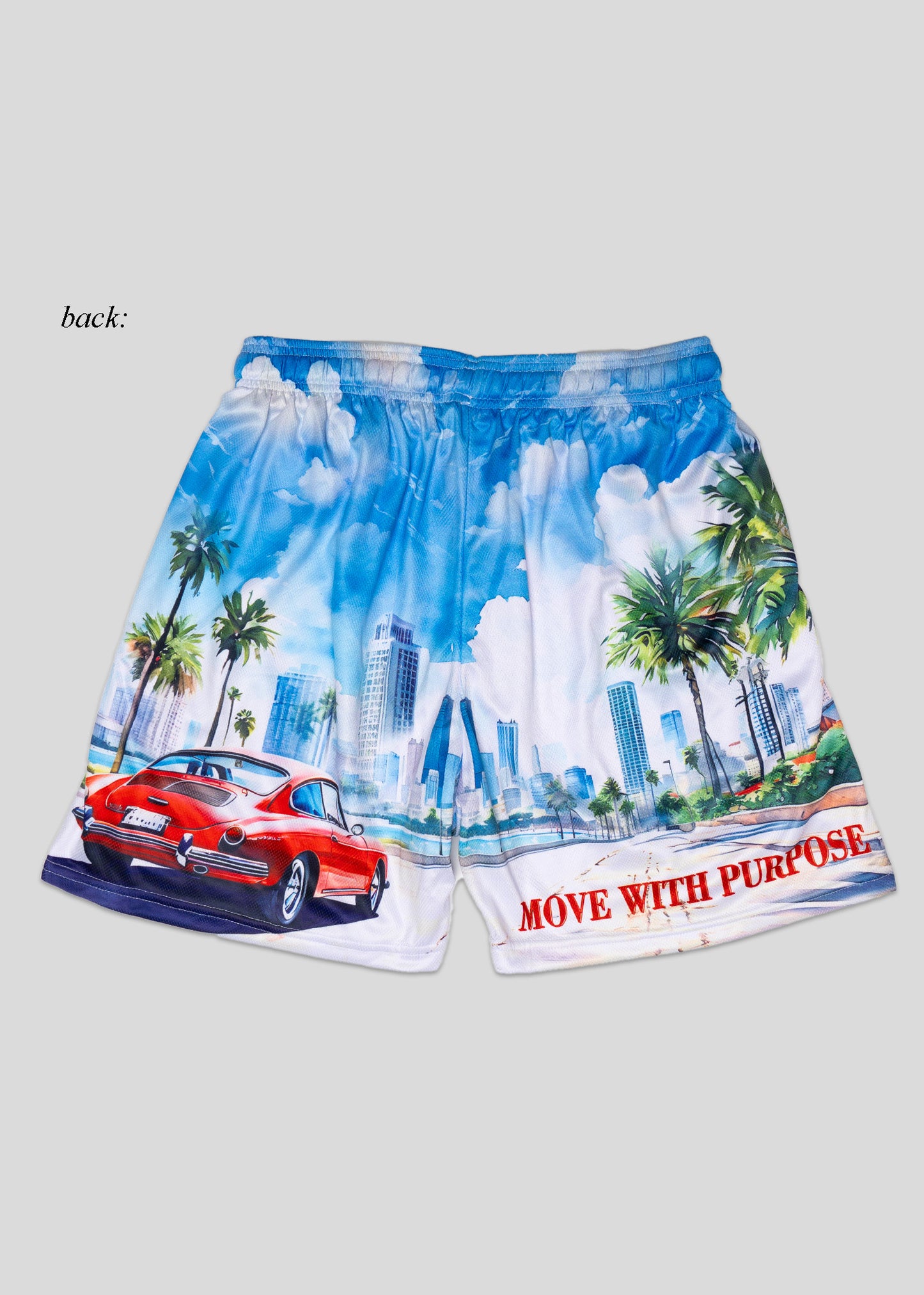 Shorts with a cityscape and car design on a white background