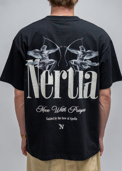 Black t-shirt with 'Nertia' design on the back, worn by a person against a gray background