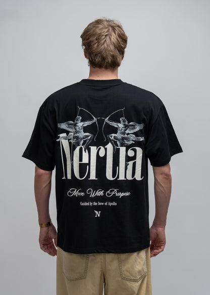 Person wearing a black t-shirt with white graphics and text on the back, standing against a plain background.