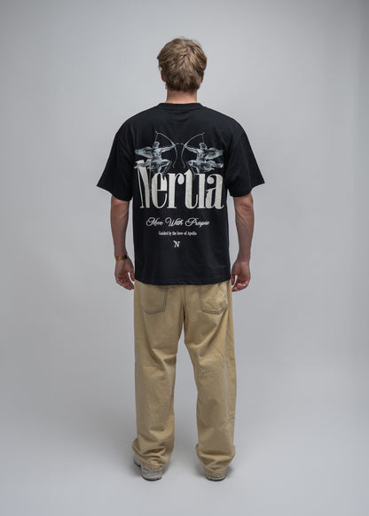 Person wearing a black t-shirt with 'Nertia' branding on a plain background