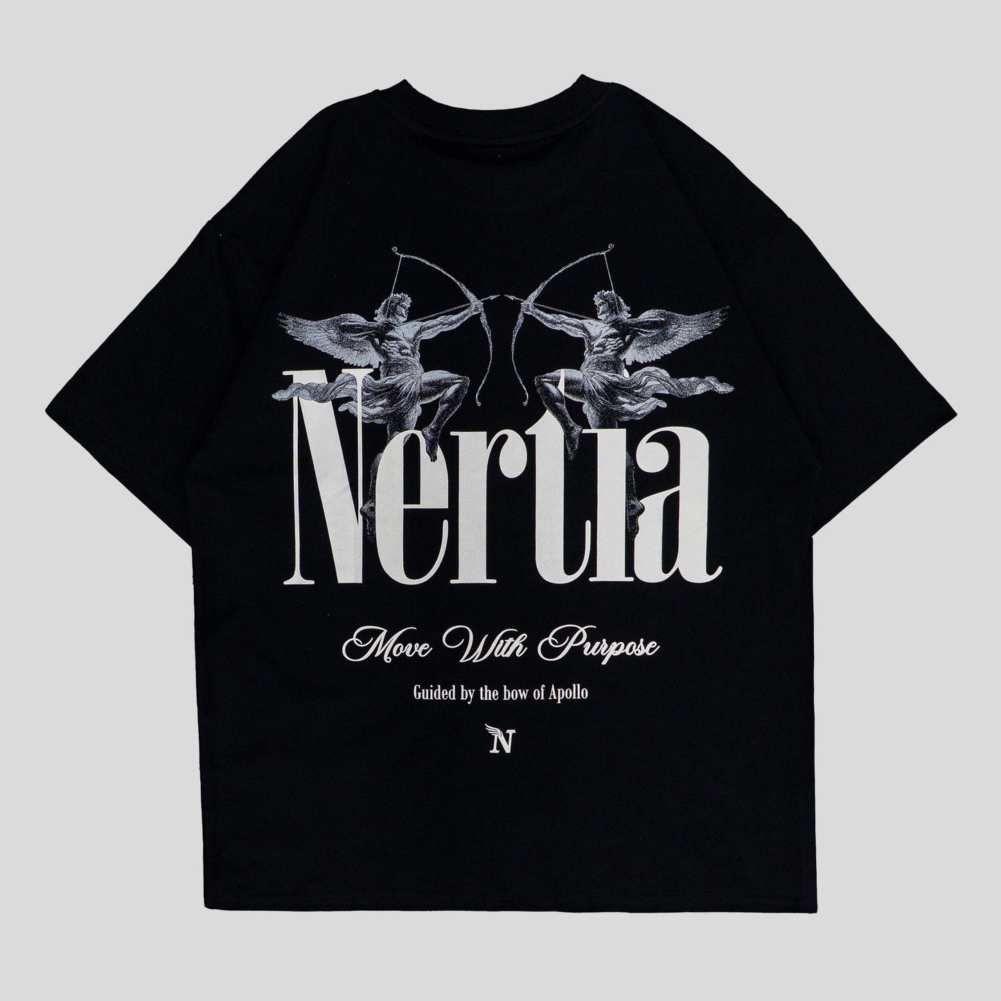 Black t-shirt with 'Nerua' logo and text on a light gray background