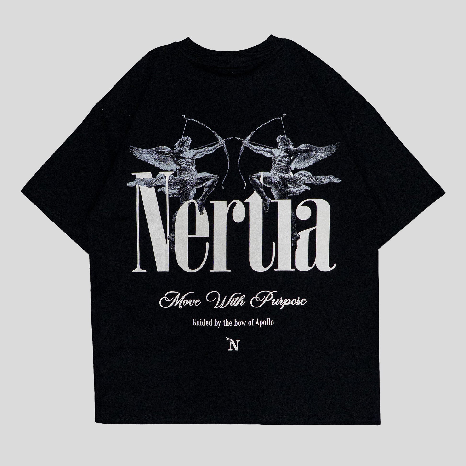 Black t-shirt with 'Nerua' logo and text on a light gray background