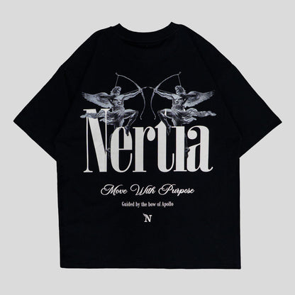 Black t-shirt with 'Nerua' logo and text on a light gray background