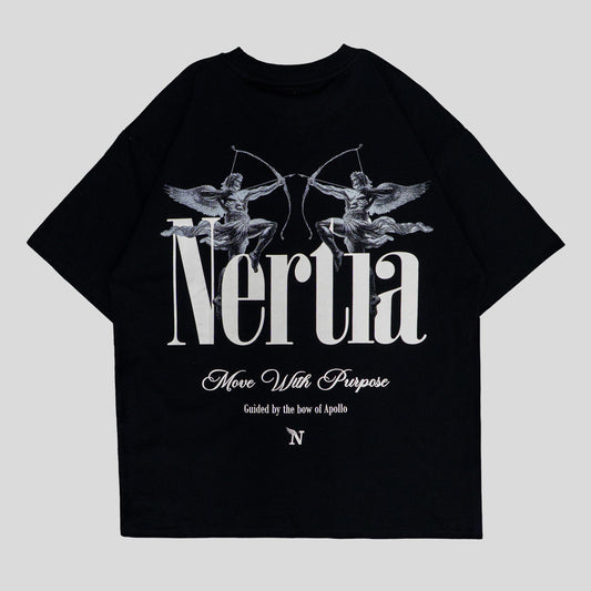 Black t-shirt with 'Nerua' logo and text on a light gray background