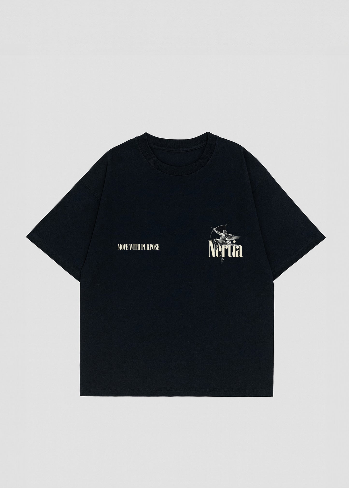 Black t-shirt with white text and graphics on a light gray background