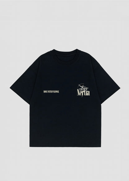 Black t-shirt with white text and graphics on a light gray background