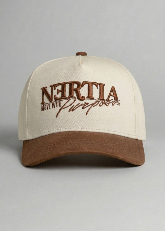 Beige and brown cap with 'Nertia Move with Purpose' text on a light gray background