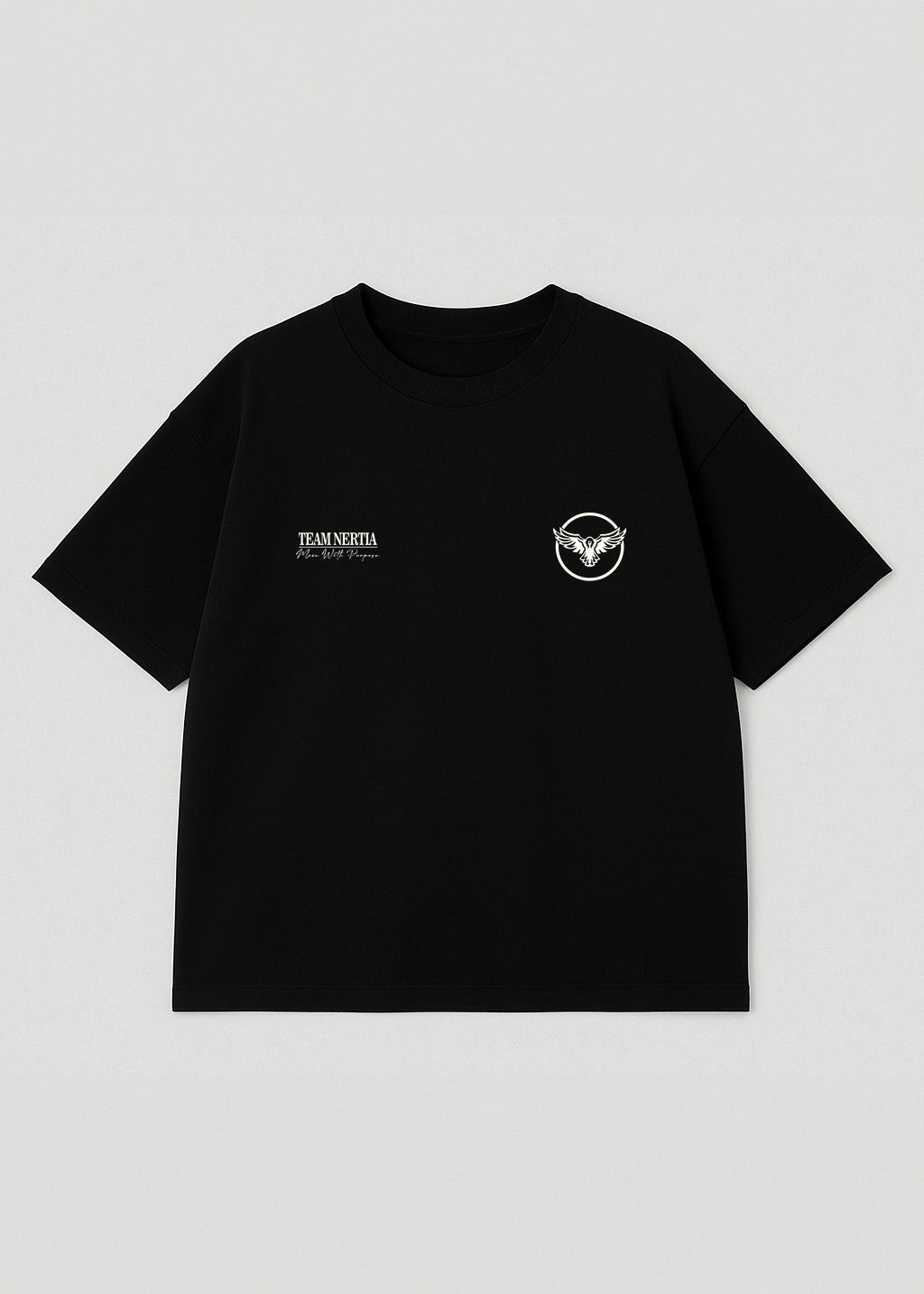 Black t-shirt with white logos on a light gray background