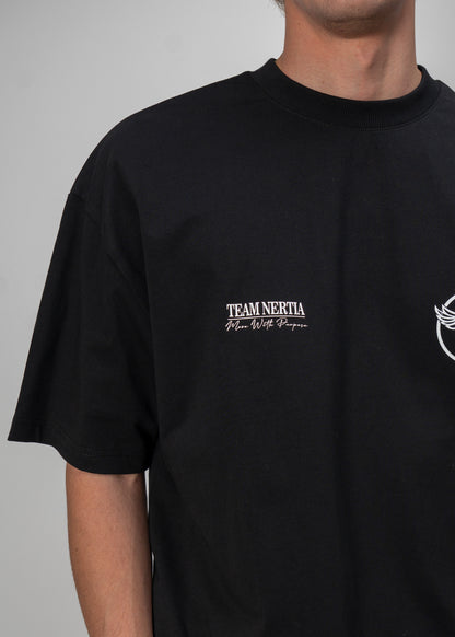 Black t-shirt with 'Team Nertia' text on a gray background