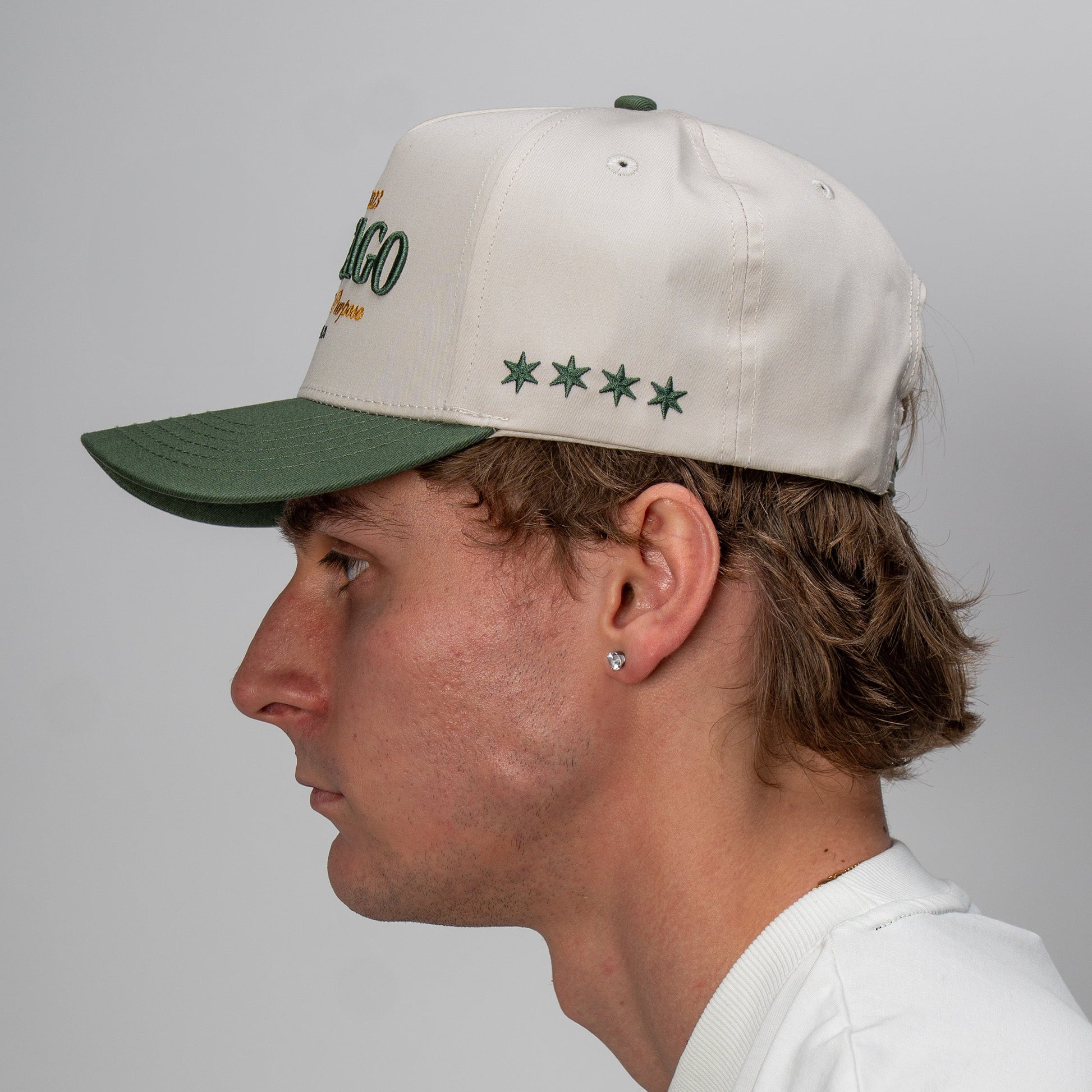 Person wearing a white cap with green brim and logo on a plain background