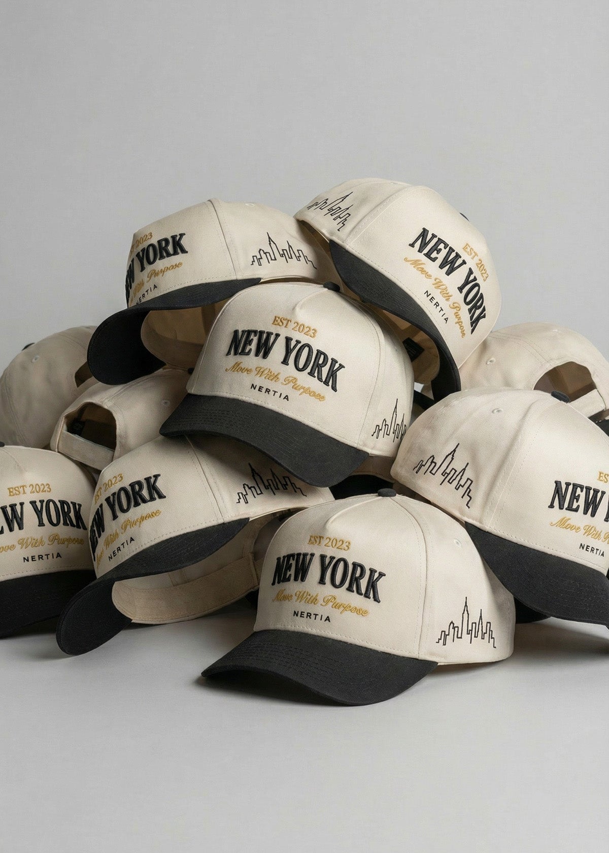 Collection of New York-themed hats on a light gray background