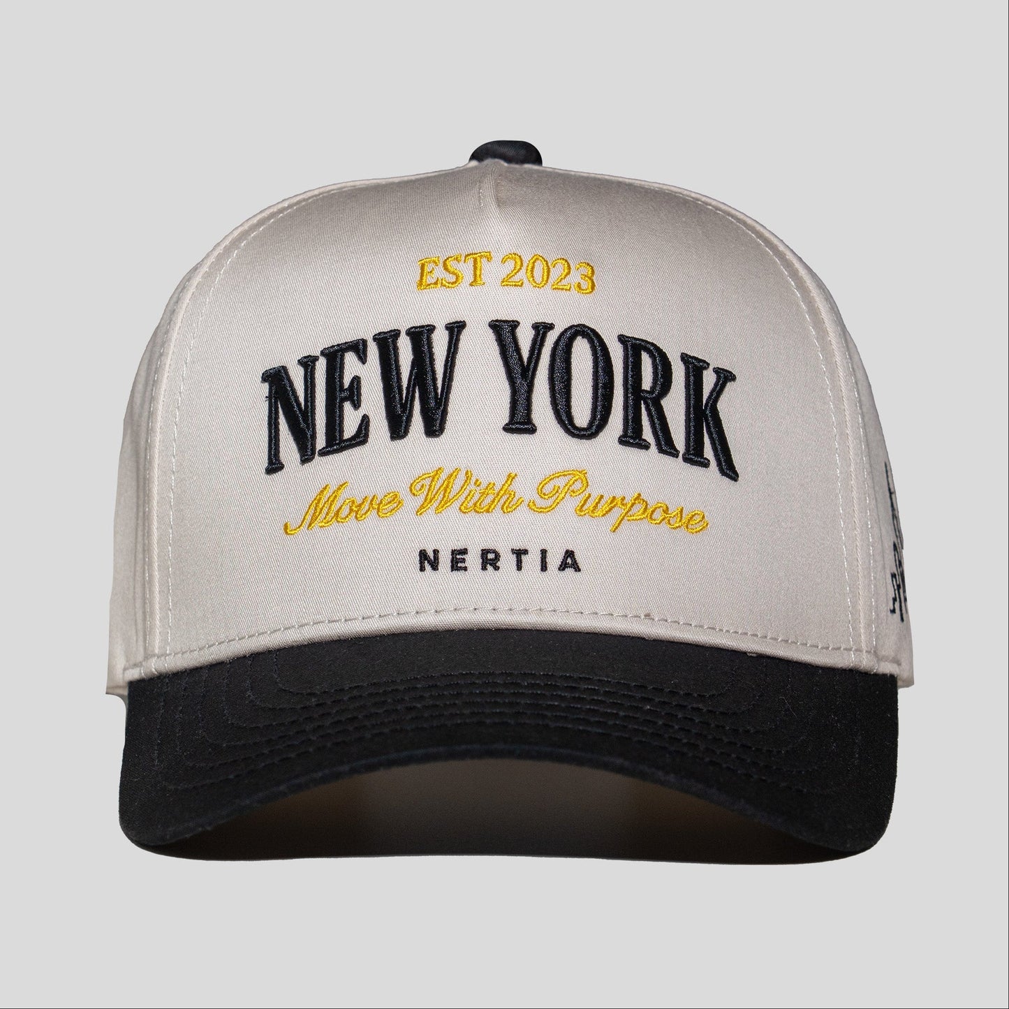 Cap with 'New York' and branding text on a gray background