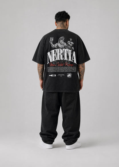 Person wearing a black 'Nervia' t-shirt with graphic design on the back, standing against a plain background.