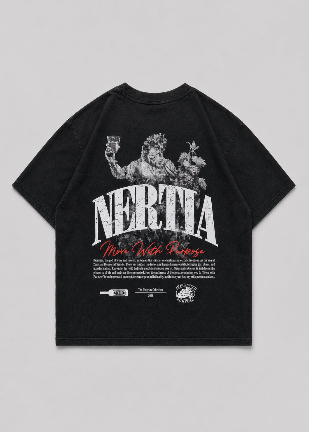 Black t-shirt with graphic design and text on a gray background