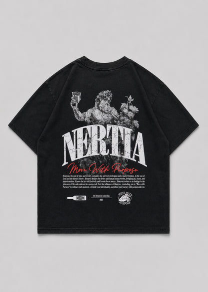 Black t-shirt with graphic design and text on a gray background