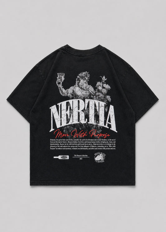Black t-shirt with graphic design and text on a gray background