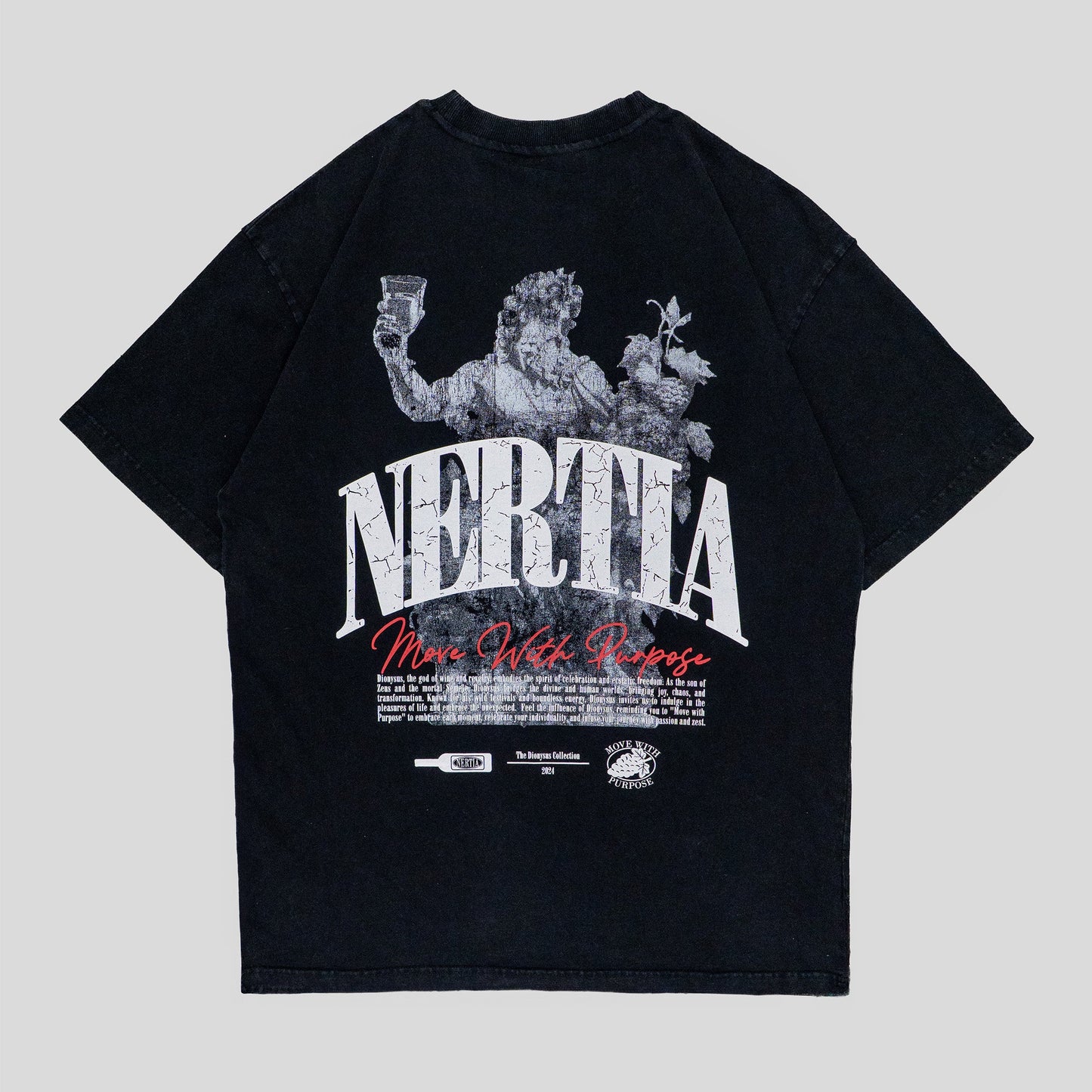 Black t-shirt with graphic design and text on a gray background