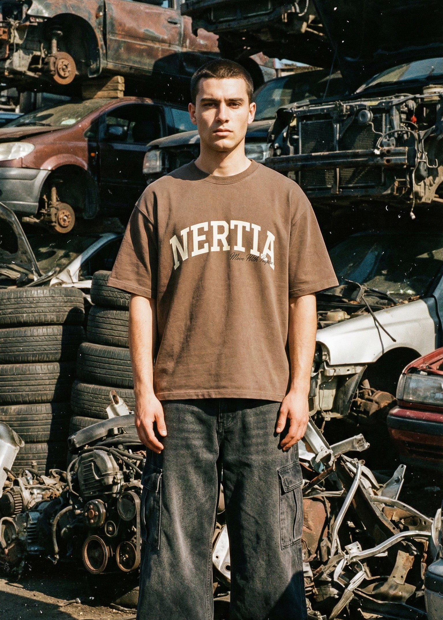 Person wearing a brown 'Nertia' t-shirt standing in a junkyard with vehicles and tires in the background.