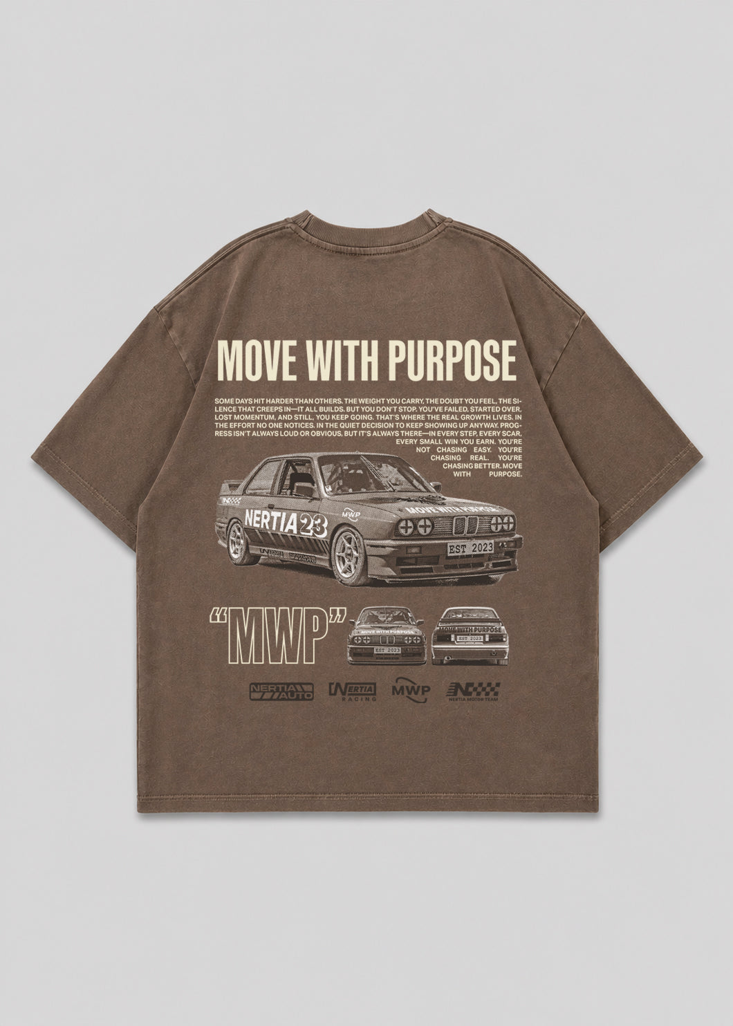 Brown t-shirt with graphic design and text on a gray background