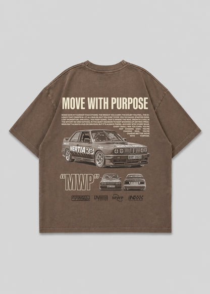 Brown t-shirt with graphic design and text on a gray background