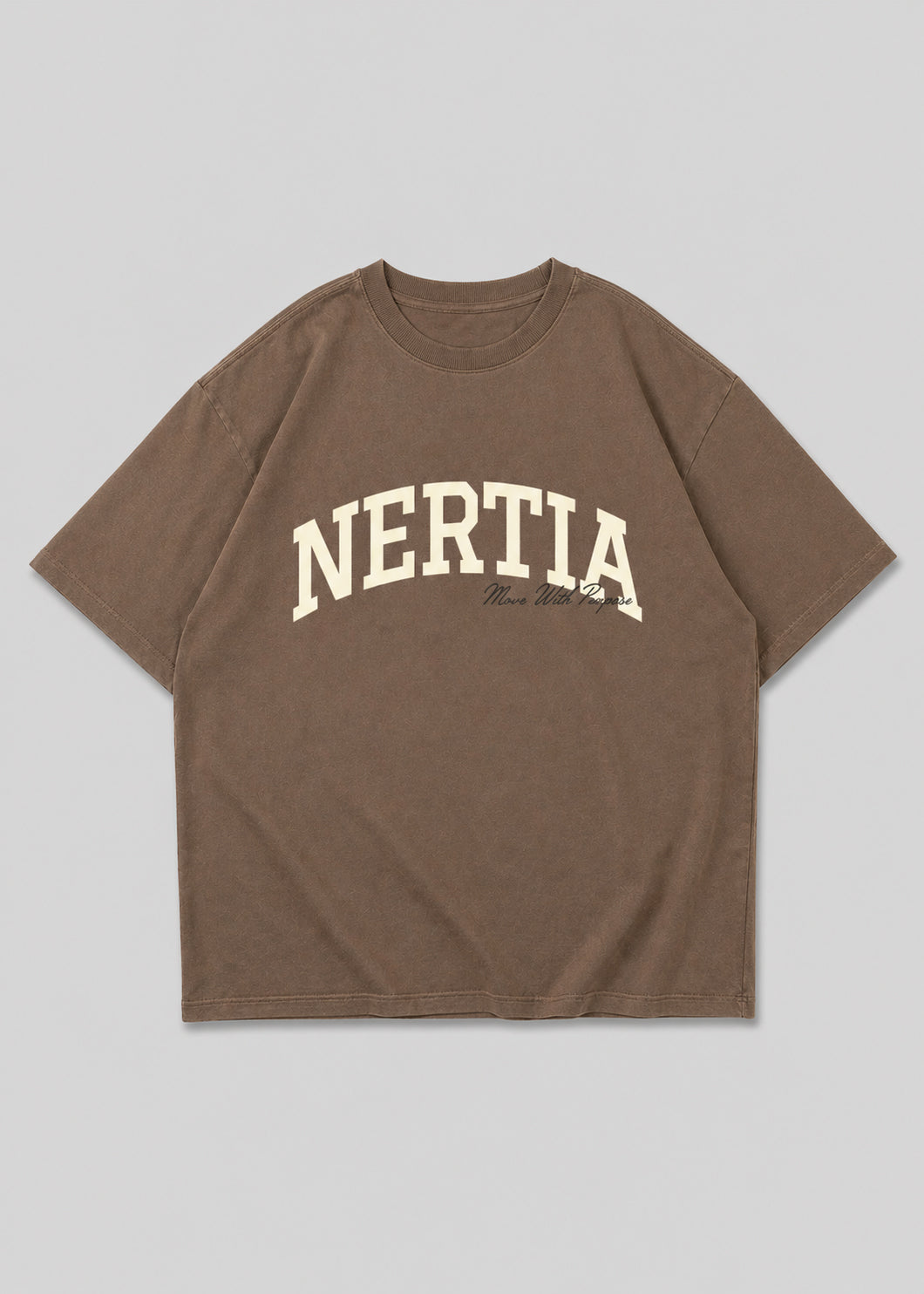 Brown t-shirt with 'NERTIA' printed on a gray background
