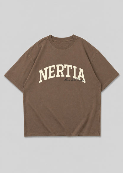 Brown t-shirt with 'NERTIA' printed on a gray background