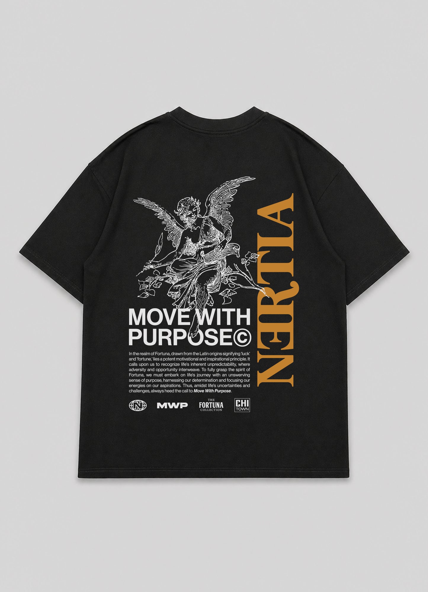 Black t-shirt with graphic design and text on a gray background