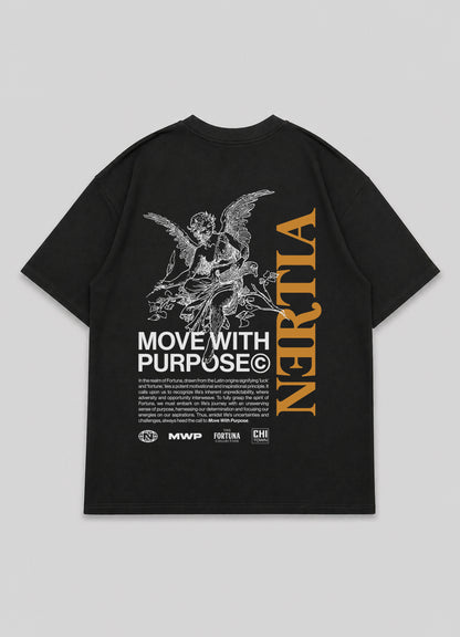 Black t-shirt with graphic design and text on a gray background