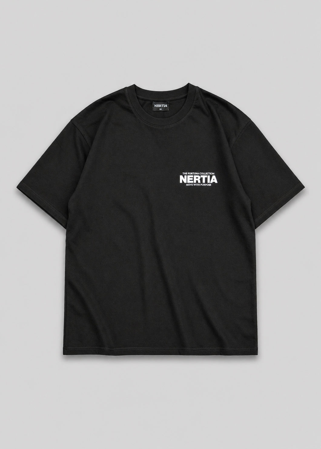 Black t-shirt with 'NERTIA' logo on a gray background