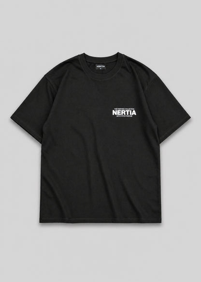 Black t-shirt with 'NERTIA' logo on a gray background