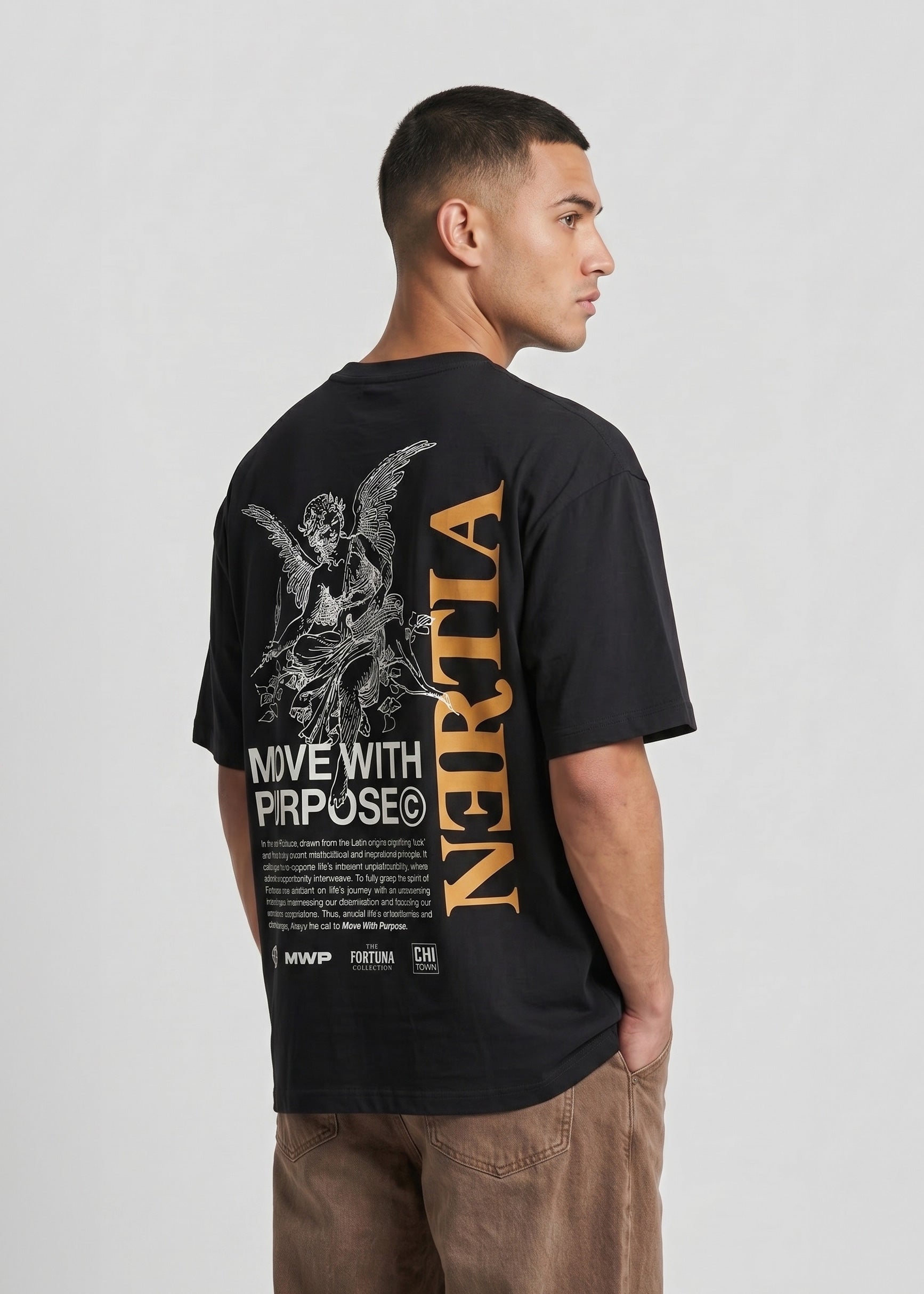 Man wearing a black t-shirt with 'Nerva' branding and text on the back, standing against a plain background.