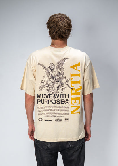 Person wearing a beige t-shirt with graphics and text on the back, standing against a plain background