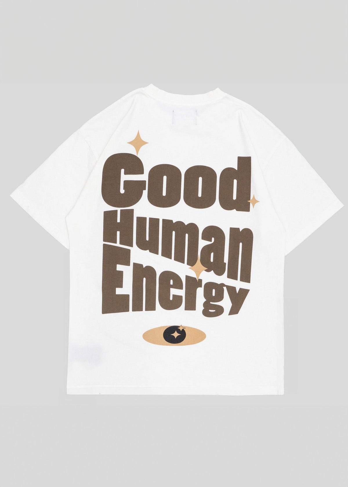 White t-shirt with 'Good Human Energy' text on a gray background