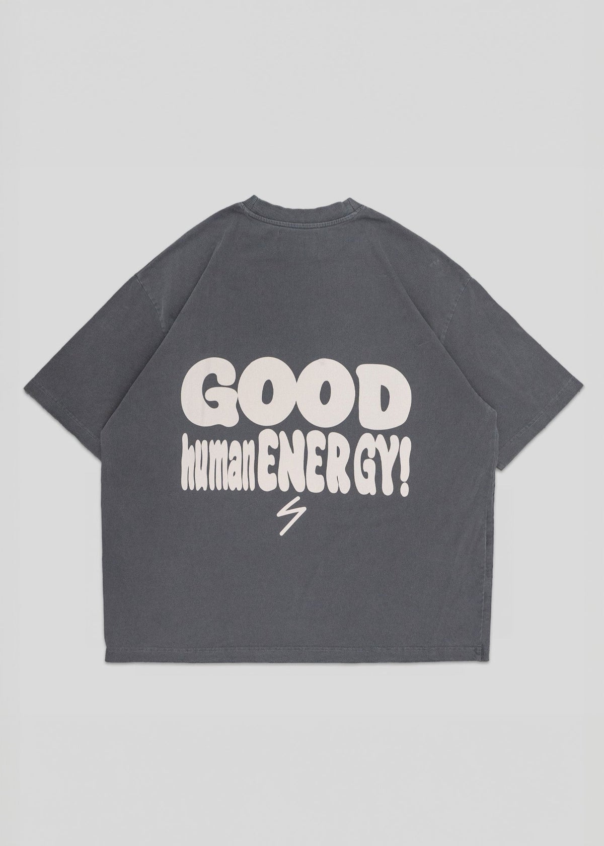 Gray t-shirt with 'GOOD human ENERGY!' text on the back against a light gray background