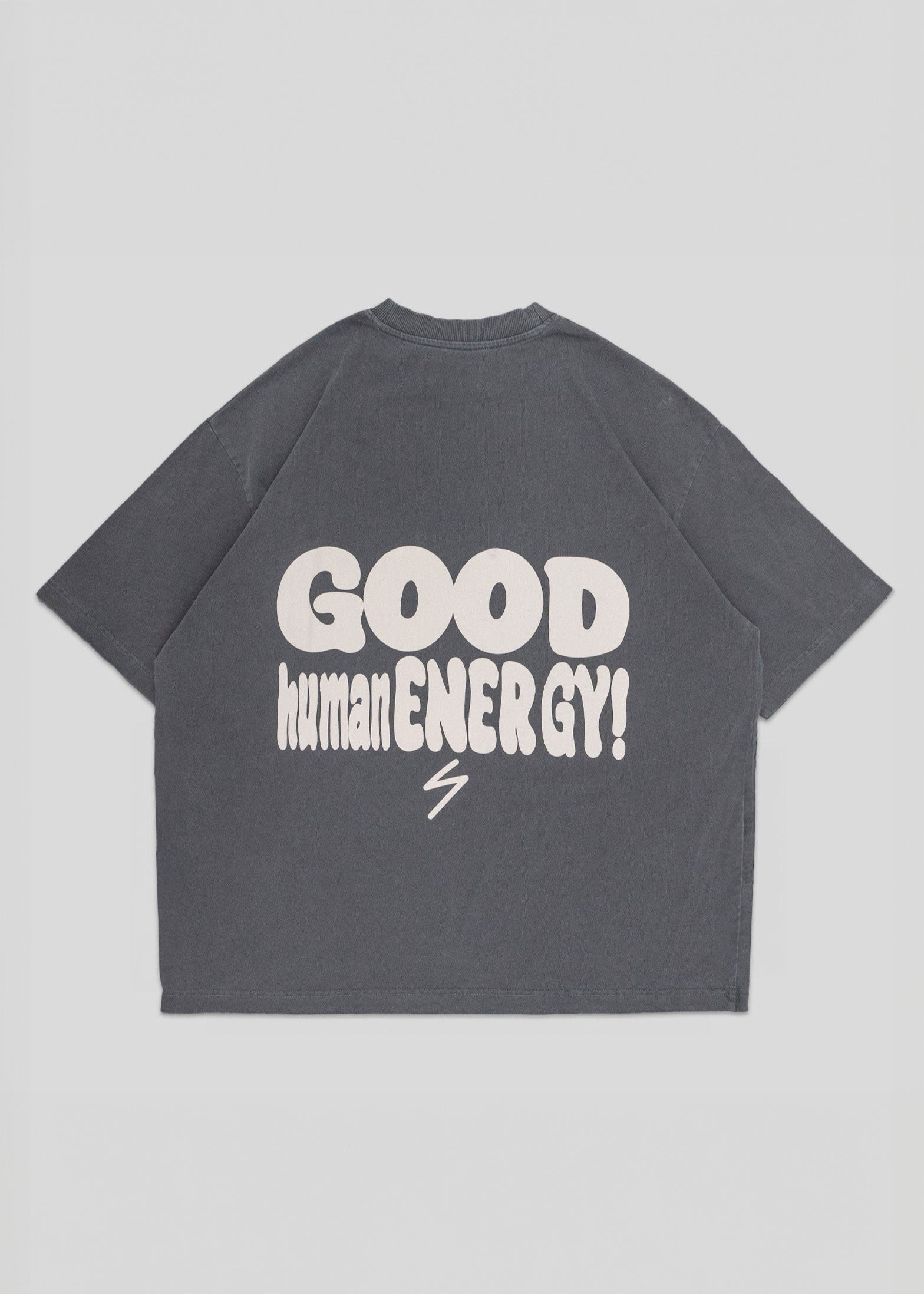 Gray t-shirt with 'GOOD human ENERGY!' text on the back against a light gray background