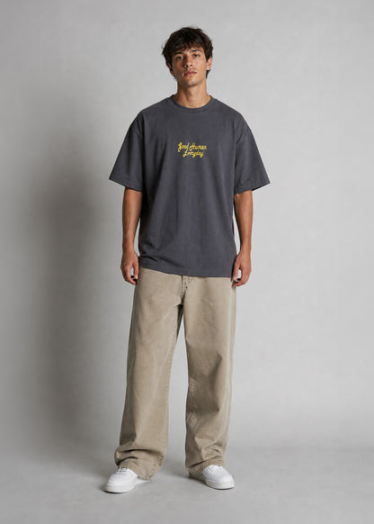 Person wearing a dark gray t-shirt with a logo and beige pants on a plain background