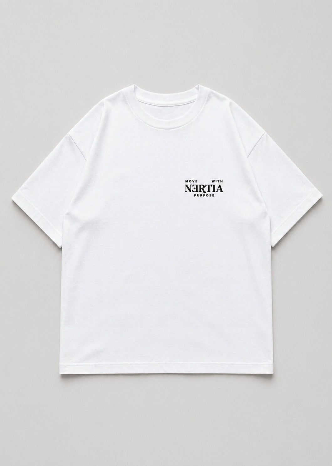 White t-shirt with black text on a gray background