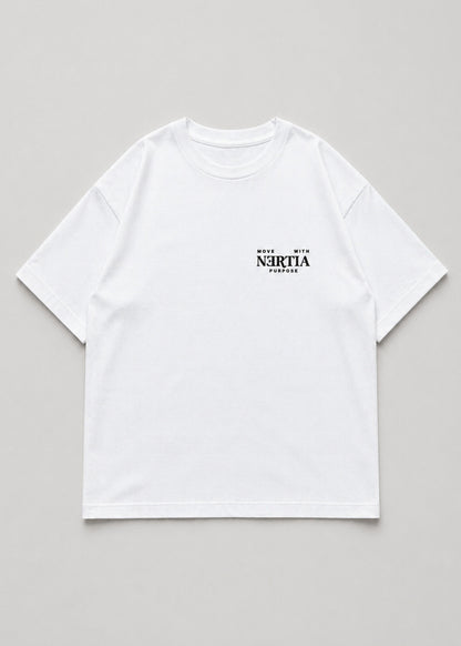 White t-shirt with black text on a gray background